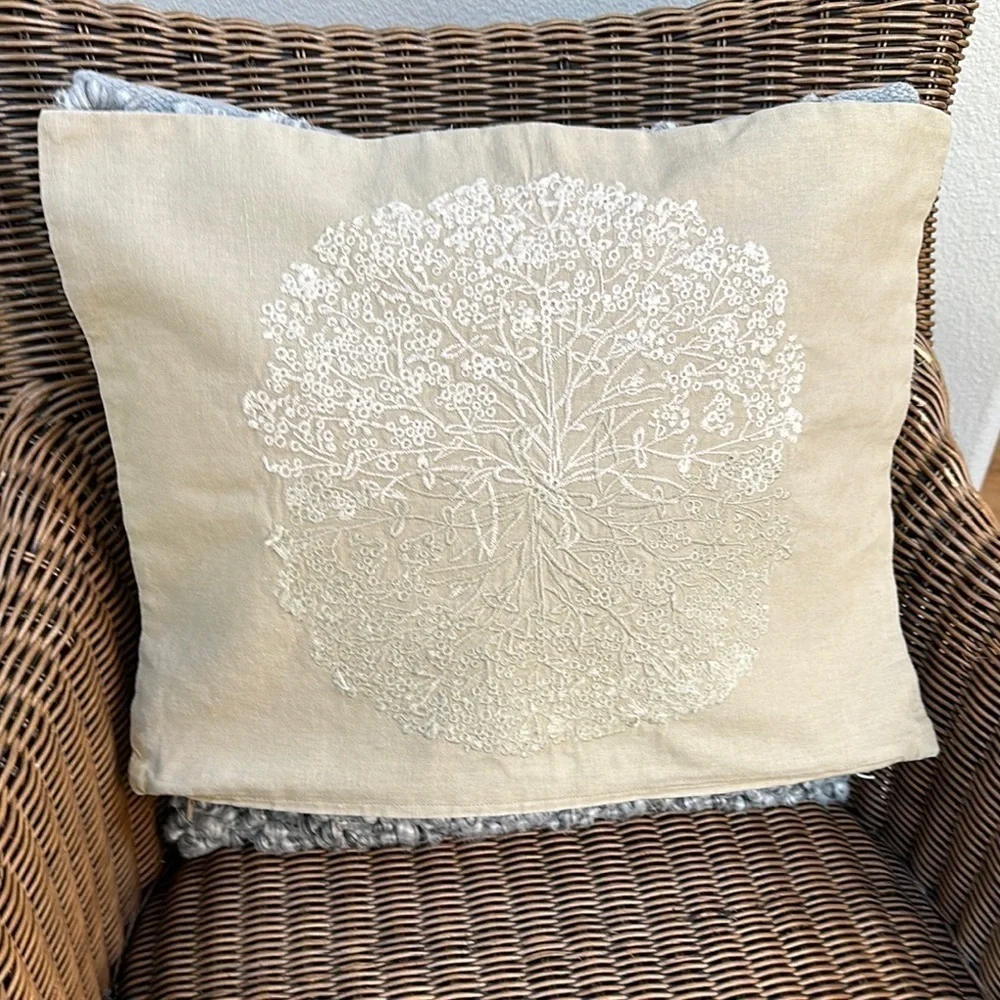 Tree embroidered pillow cover in burnt orange on tan fabric